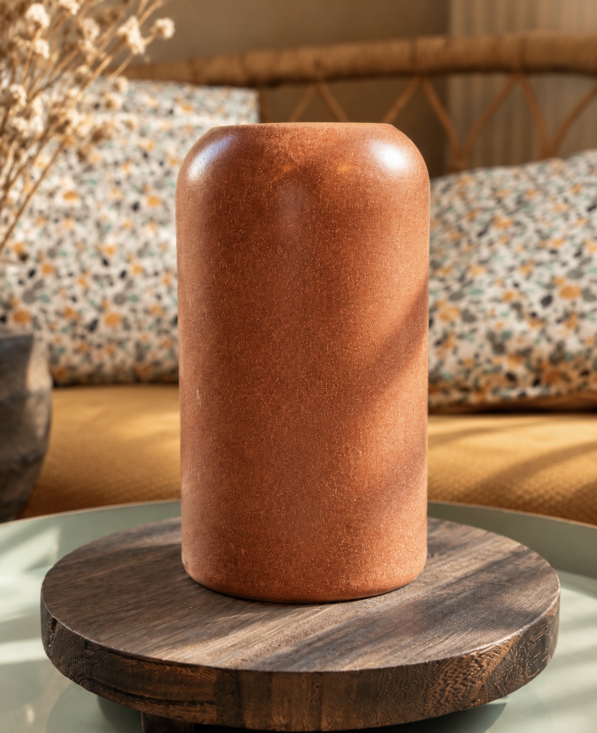 Vase cylindrique à l'émail terreux brun-rouge, posé sur un plateau en bois dans la lumière du soir