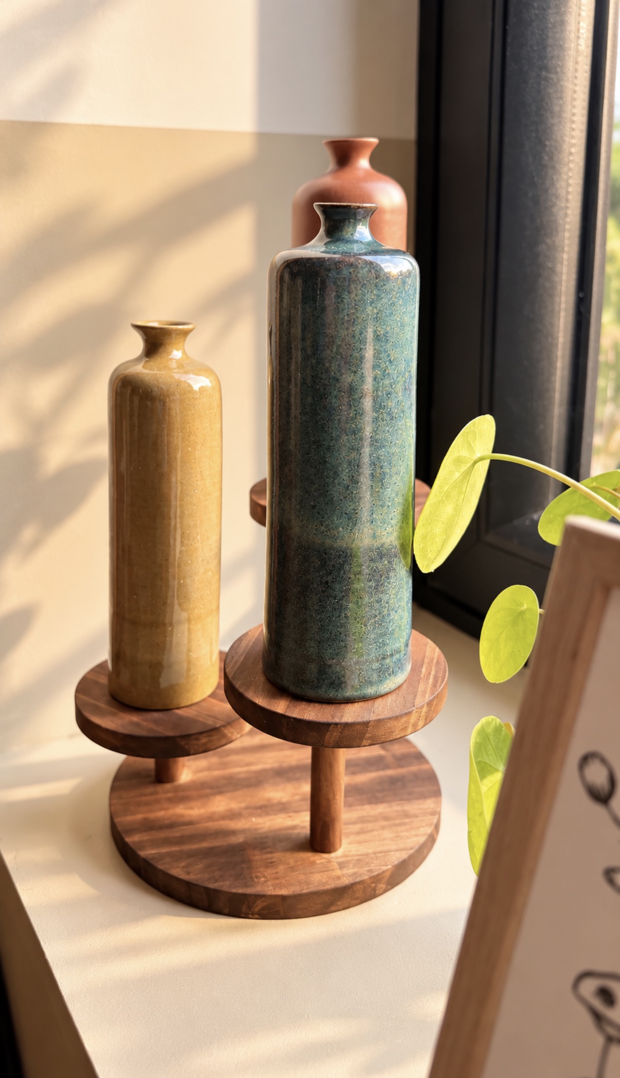 Trois bouteilles, vert très clair, bleu-vert et brun-rouge, sur un présentoir en bois près d'une fenêtre