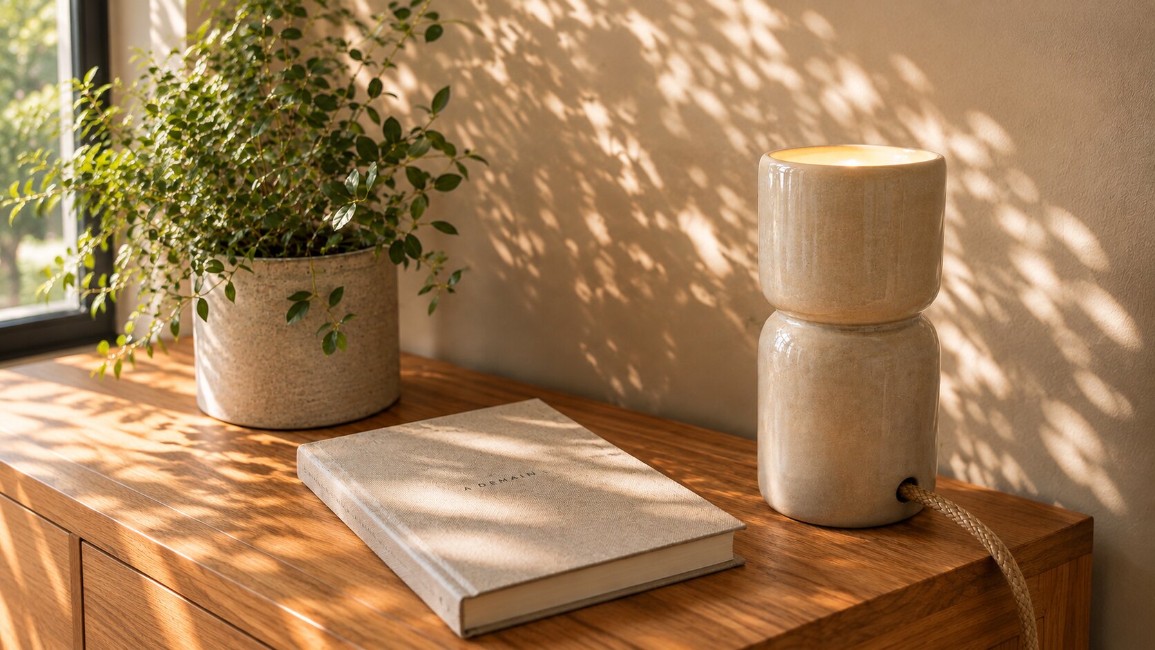 Lampe à poser en grès allumée sur un buffet en chêne, à côté d'un cache-pot planté et d'un livre, dans la lumière d'une fenêtre
